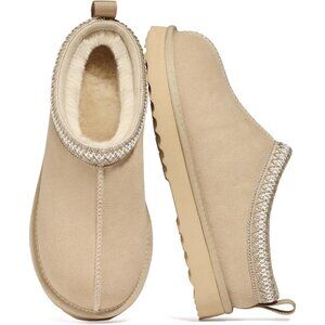 Women's Mini Boots Sand Suede Fuzzy Slippers Slip-On Winter Warm House Shoes